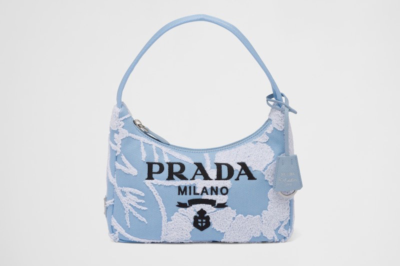 Prada 1NE515 Re-Edition 2000 embroidered drill mini bag in Sky Blue/White Fabric
