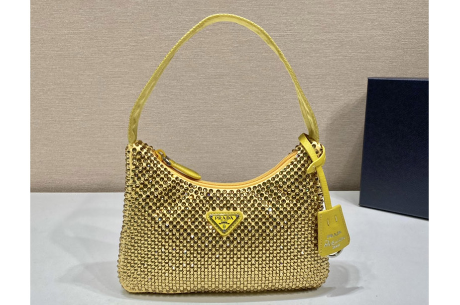 Prada 1NE515 Satin mini-bag with artificial crystals in Yellow Fabric