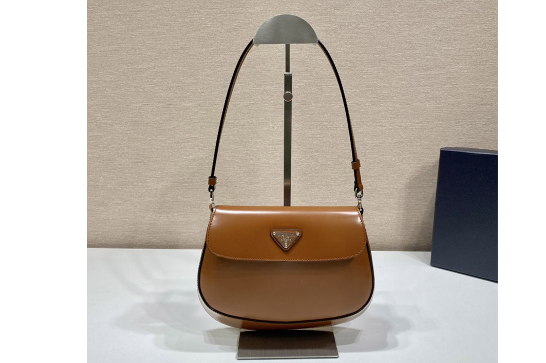 Prada 1BD311 Prada Cleo brushed leather shoulder bag with flap in Brown Leather