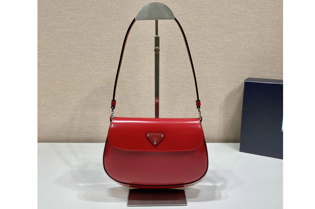 Prada 1BD311 Prada Cleo brushed leather shoulder bag with flap in Red Leather