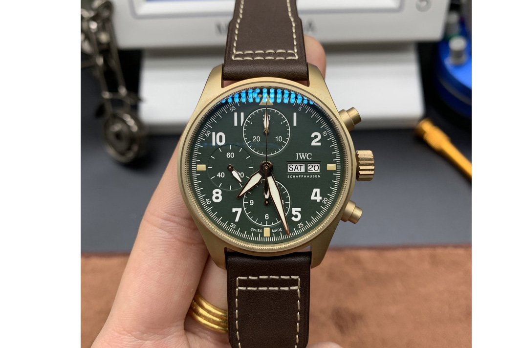 IWC Pilot Chrono Spitfire IW387902 Bronze ZF 1:1 Best Edition Green Dial on Brown Leather Strap A7750