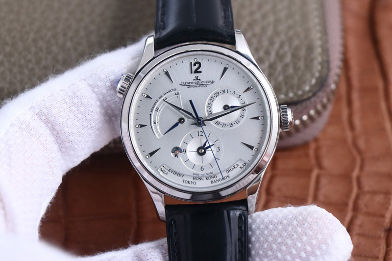 Jaeger-LeCoultre Master Geographic Real PR SS ZF 1:1 Best Edition Silver Dial on Black Leather Strap A939