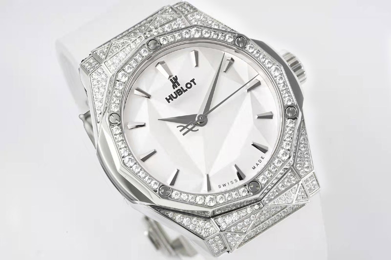 Hublot Classic Fusion Orlinski SS Full Diamonds APSF 1:1 Best Edtion White Faceted Dial on White Rubber Strap A2892