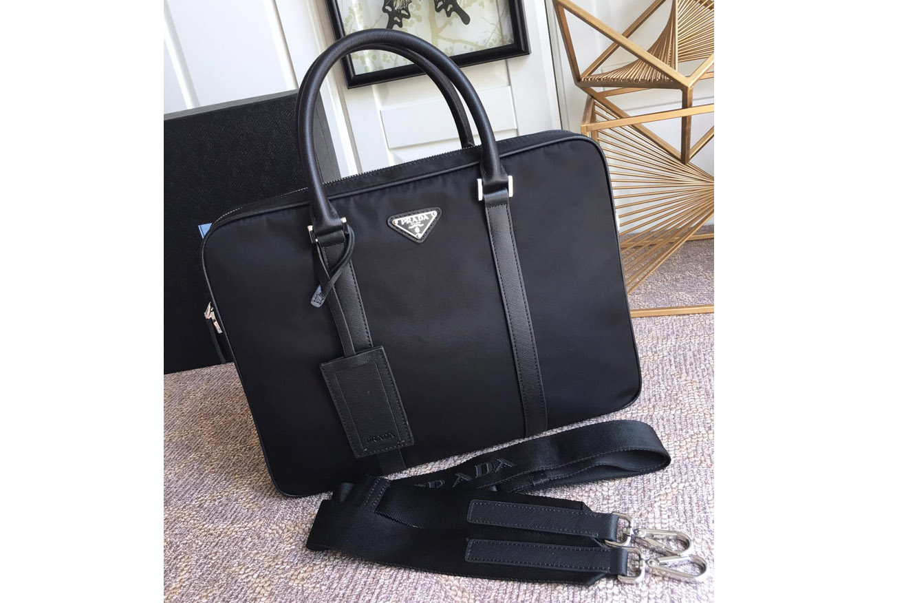 Prada 2VE368 Re-Nylon and Saffiano leather briefcase in Black Nylon and Leather
