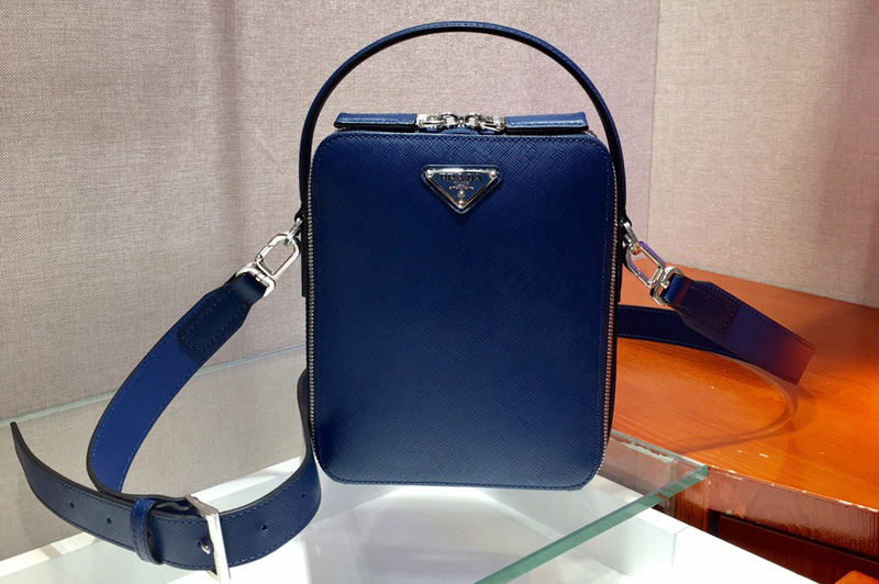 Prada 2VH066 Saffiano Leather Prada Brique Bag in Blue Leather