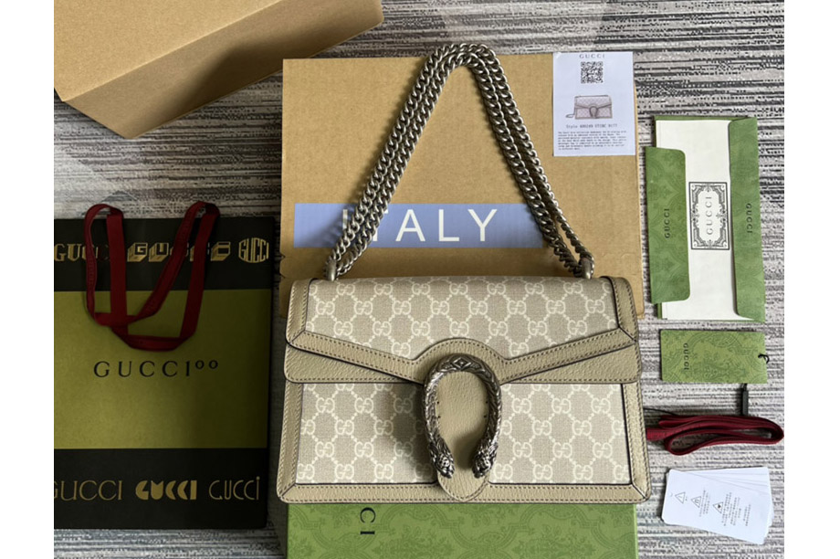 Gucci 400249 Dionysus small GG shoulder bag in Beige and white GG Supreme canvas