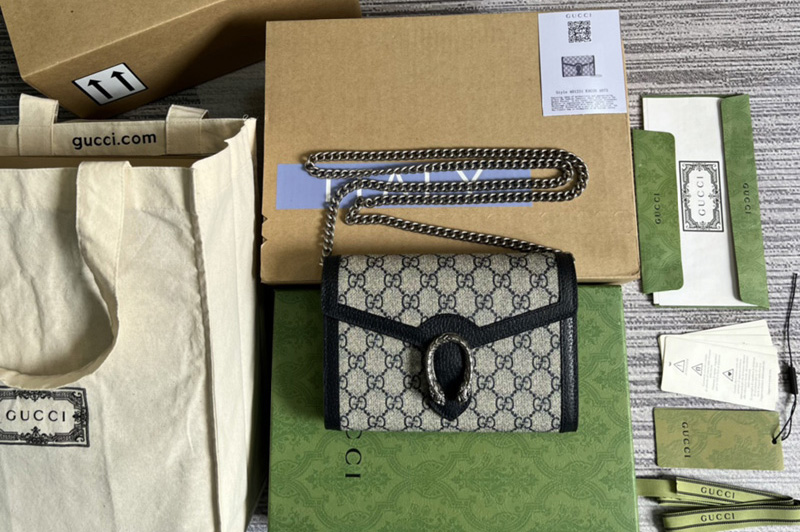Gucci ‎401231 Dionysus GG chain wallet in Beige and blue GG Supreme canvas