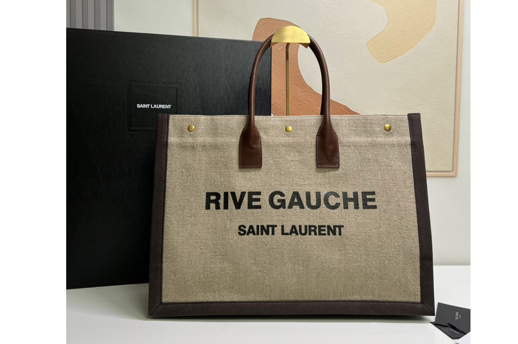 Saint Laurent 499290 YSL RIVE GAUCHE TOTE BAG IN LINEN AND LEATHER