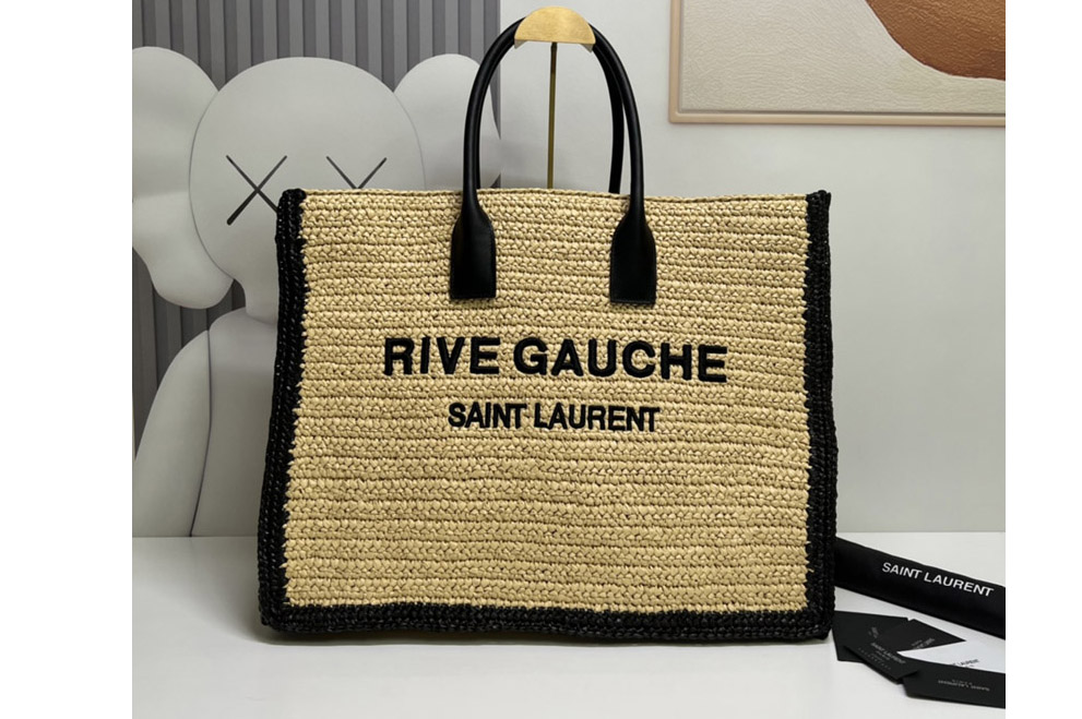 Saint Laurent 509415 YSL RIVE GAUCHE LARGE TOTE BAG IN raffia and Black leather