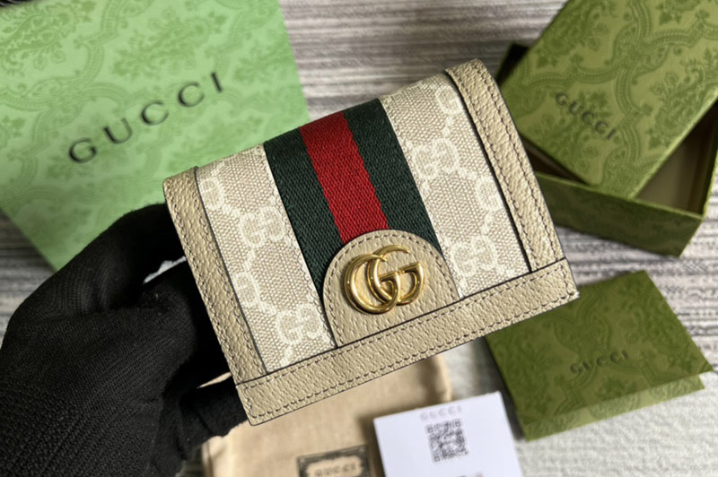 Gucci 523155 Ophidia GG card case wallet in Beige and white GG Supreme canvas