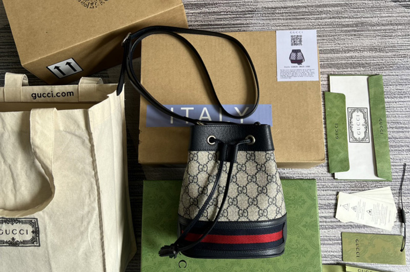 Gucci 550620 Ophidia mini GG bucket bag in Beige and blue GG Supreme canvas