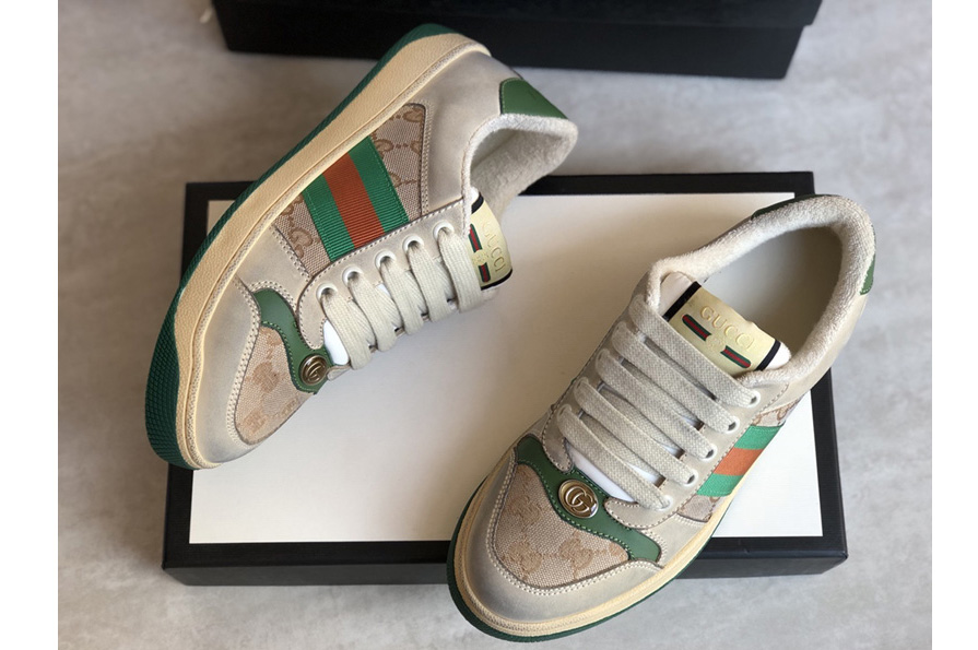 Men's and Women's Gucci 570443 Screener leather sneaker on Butter leather with beige/ebony Original GG canvas
