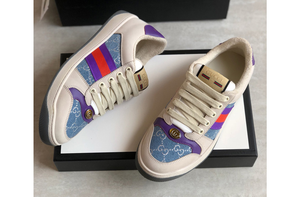 Men's and Women's Gucci 577684 Screener sneaker with Web on Purple and red Web