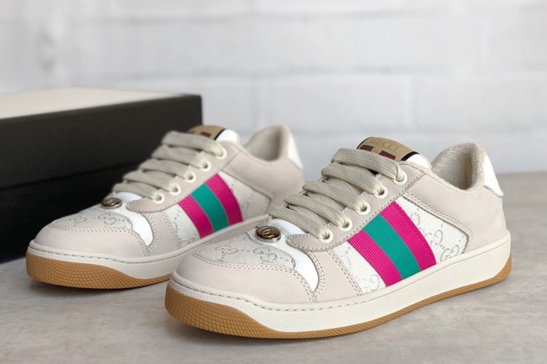 Men's and Women's Gucci 577684 Screener sneaker with Web on Pink and green Web