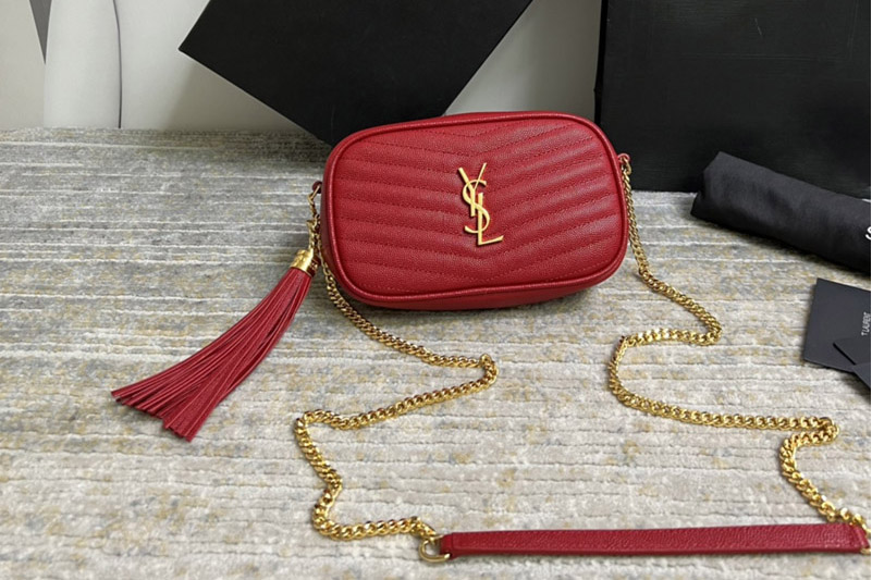Saint Laurent 612579 YSL LOU MINI BAG IN Red QUILTED GRAIN DE POUDRE EMBOSSED LEATHER