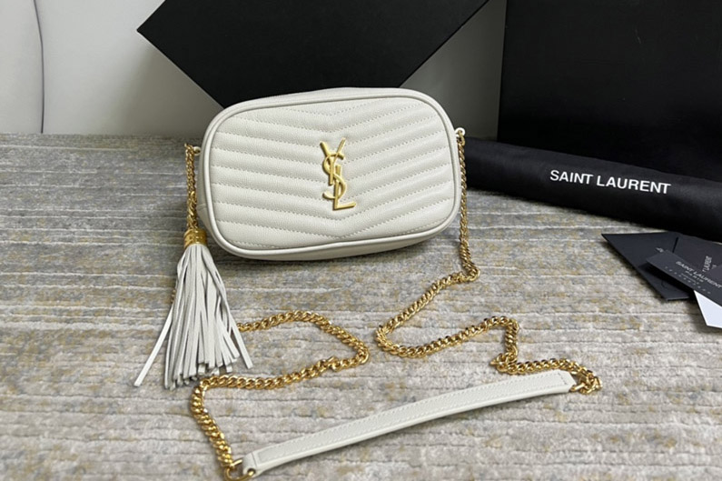 Saint Laurent 612579 YSL LOU MINI BAG IN White QUILTED GRAIN DE POUDRE EMBOSSED LEATHER