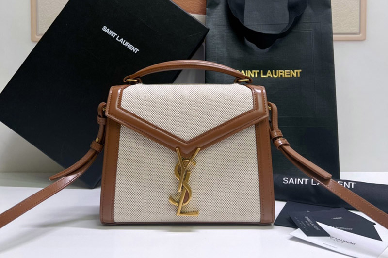 Saint Laurent 623930 YSL CASSANDRA MINI TOP HANDLE BAG IN CANVAS AND Brown SMOOTH LEATHER