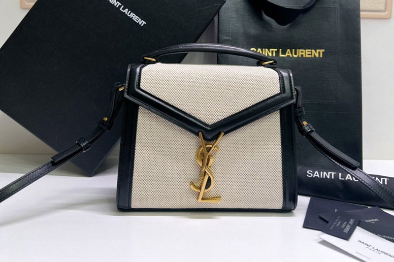 Saint Laurent 623930 YSL CASSANDRA MINI TOP HANDLE BAG IN CANVAS AND Black SMOOTH LEATHER