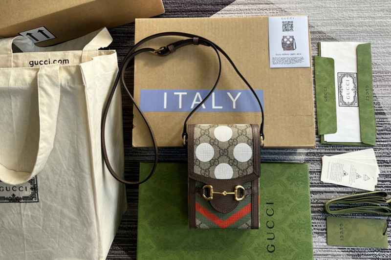 Gucci 625615 Gucci Horsebit 1955 mini bag in Beige and ebony GG Supreme canvas with geometric print