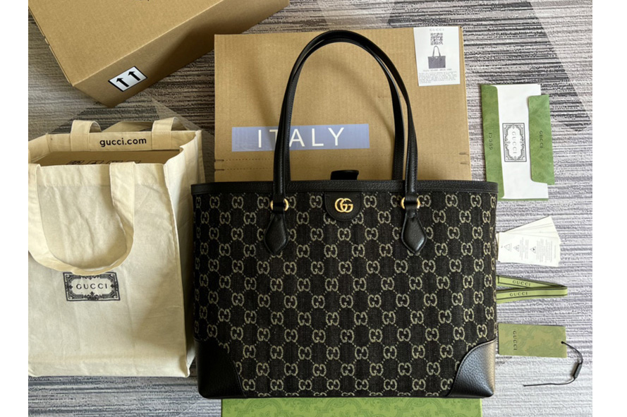 Gucci ‎631685 Ophidia medium tote with Web Bag in Black and ivory GG denim jacquard