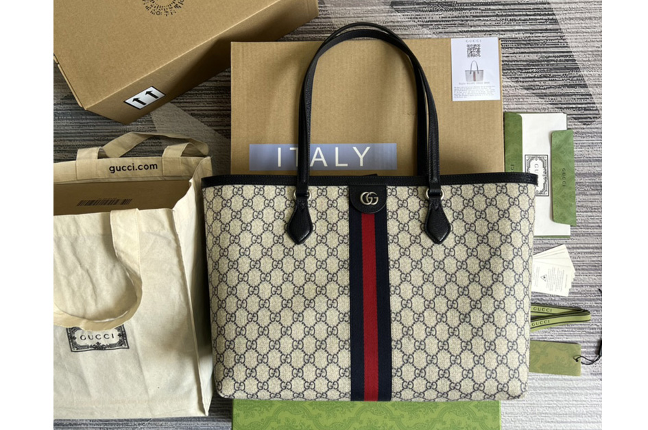Gucci ‎‎631685 Ophidia medium GG tote bag in Beige and blue GG Supreme canvas