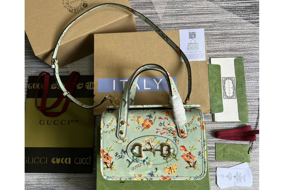 Gucci 645453 Gucci Horsebit 1955 mini bag in flower print off-white leather