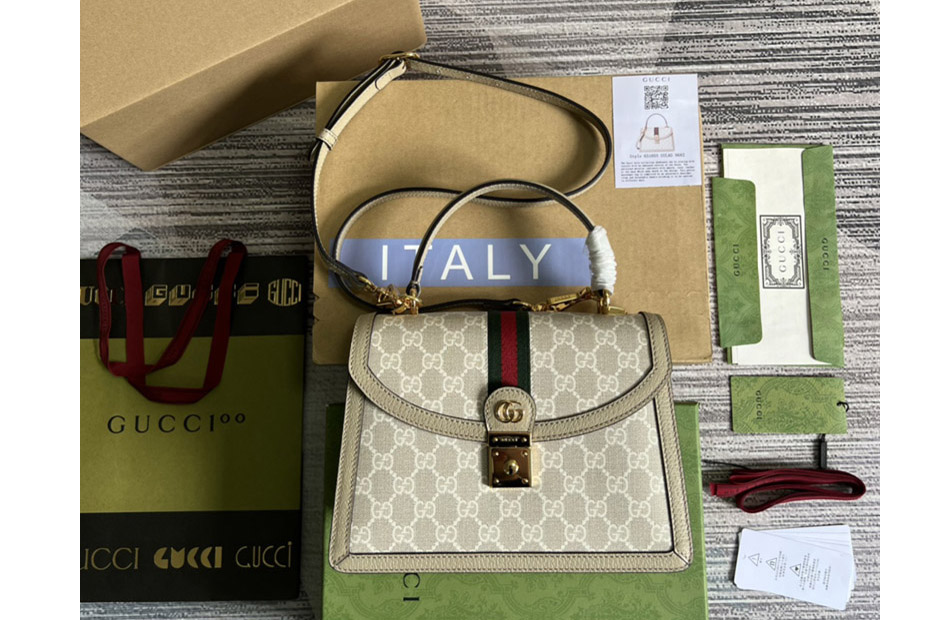 Gucci ‎651055 Ophidia small GG top handle bag in Beige and white GG Supreme canvas