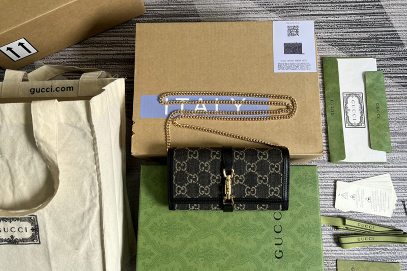 Gucci 652681 Jackie 1961 chain wallet in Black and ivory GG denim jacquard