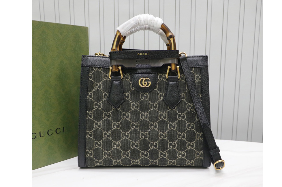 Gucci 660195 Gucci Diana jumbo GG small tote bag in Black and ivory GG denim jacquard