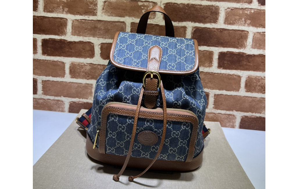 Gucci ‎674147 Backpack with Interlocking G in Blue and ivory GG denim jacquard