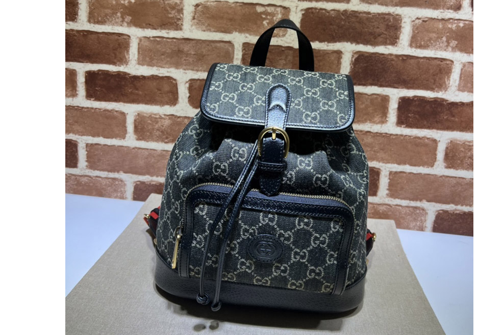 Gucci ‎674147 Backpack with Interlocking G in Black and ivory GG denim jacquard