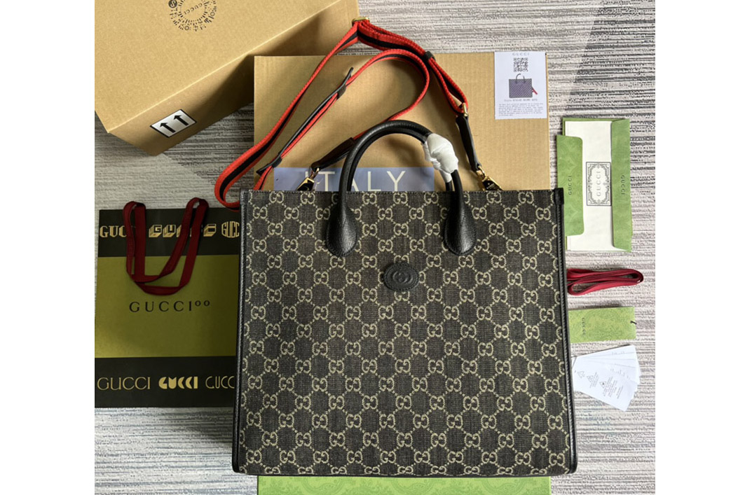 Gucci ‎674148 Medium tote Bag with Interlocking G in Black and ivory GG denim jacquard