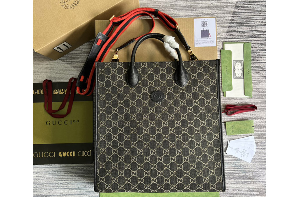 Gucci ‎674155 Medium tote Bag with Interlocking G in Black and ivory GG denim jacquard