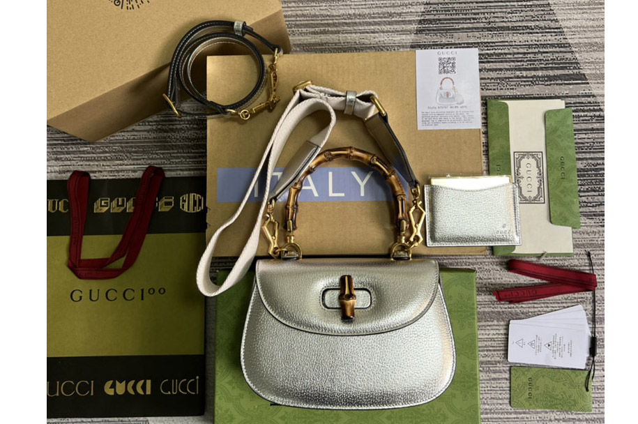 Gucci ‎675797 Small top handle bag with Bamboo in Silver leather
