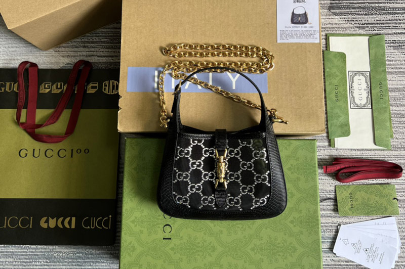 Gucci 677027 Jackie 1961 mini crystal GG lizard bag in Black lizard