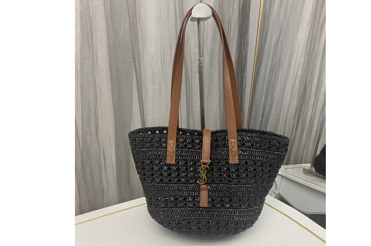 Saint Laurent 685618 YSL PANIER SMALL BAG IN Black CROCHET RAFFIA AND SMOOTH LEATHER
