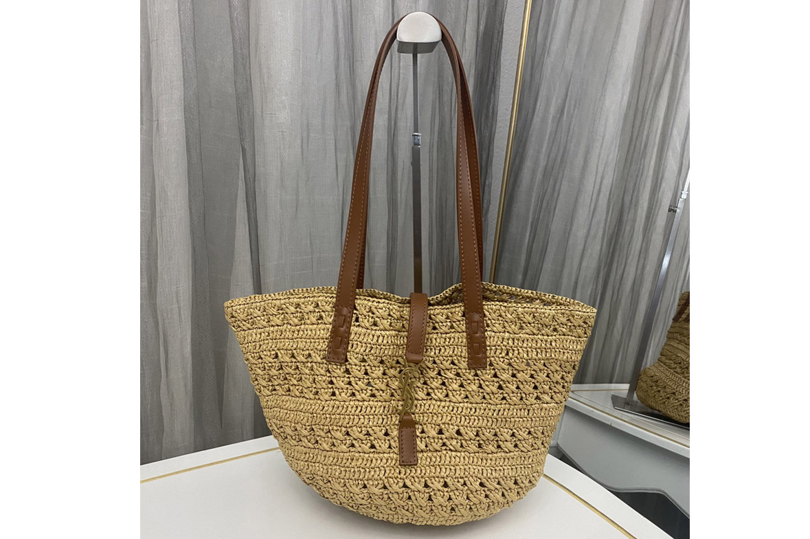 Saint Laurent 685618 YSL PANIER SMALL BAG IN Brown CROCHET RAFFIA AND SMOOTH LEATHER