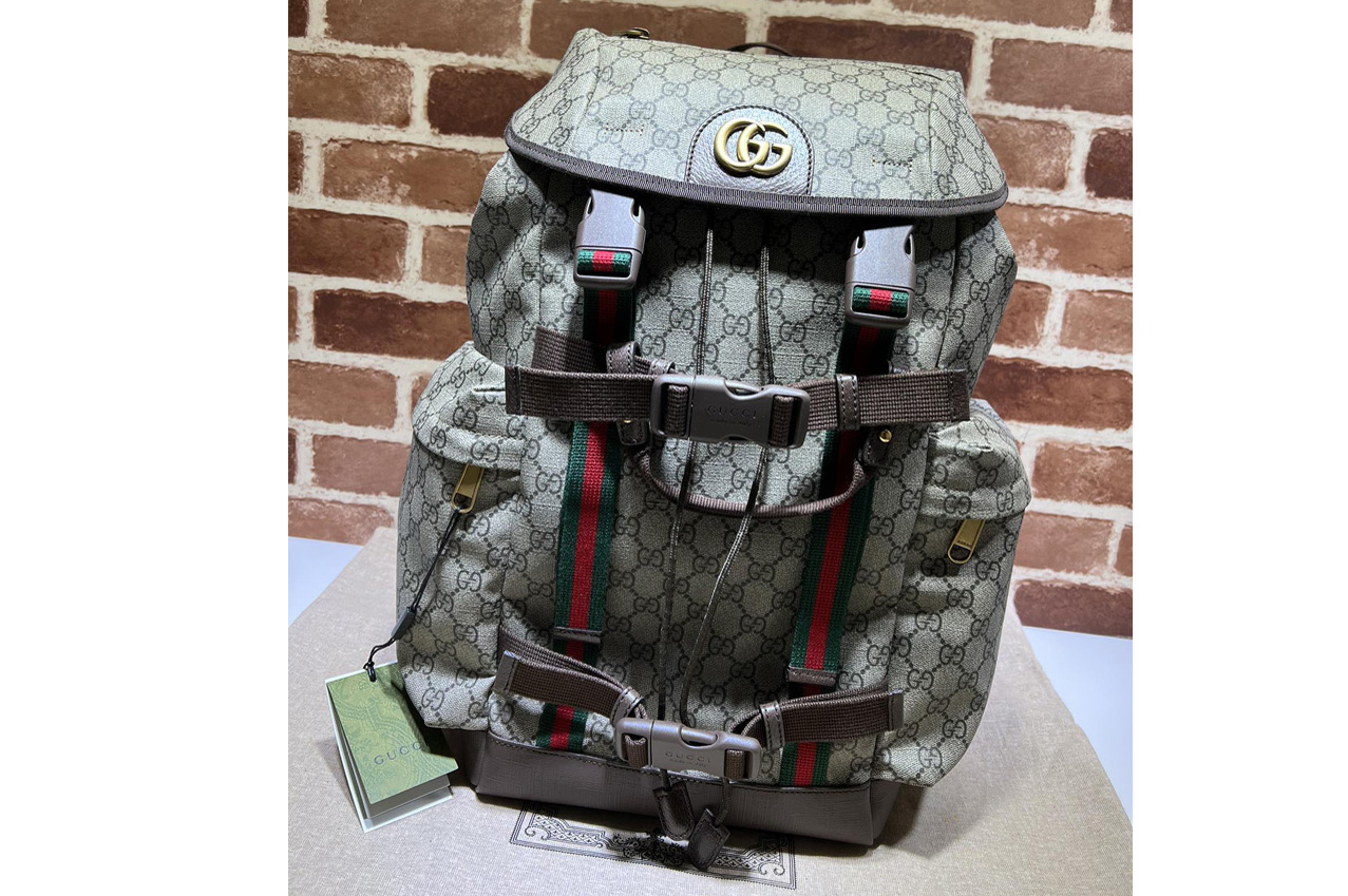 Gucci 690999 GG skateboard backpack with Web in Beige and ebony GG Supreme canvas