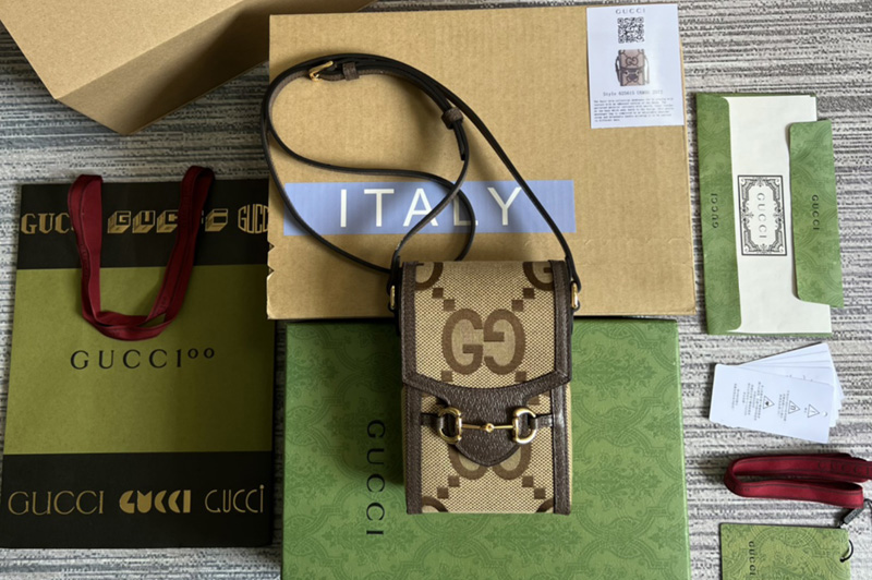 Gucci 699402 Mini bag with Interlocking G in Camel and ebony jumbo GG canvas