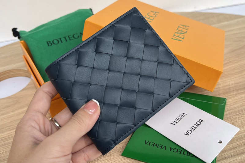 Bottega Veneta 605721 Bi-Fold Wallet in Navy Blue Intrecciato leather