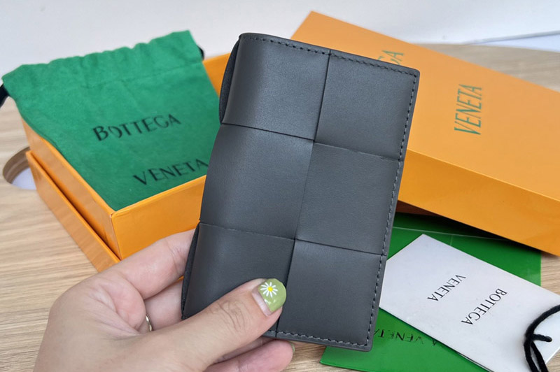 Bottega Veneta 649602 Flap Card Case in Dark Gray Intreccio leather