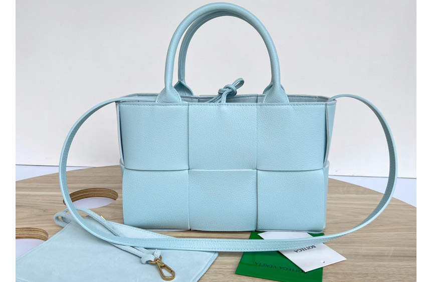 Bottega Veneta 709337 Mini Arco Tote Bag in Pale Blue intreccio grained leather