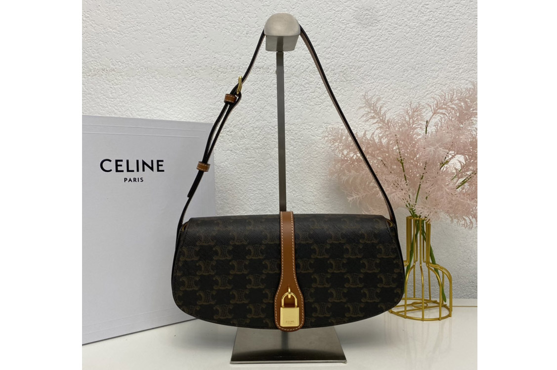 Celine 10I592 CLUTCH ON STRAP TABOU bag IN Brown TRIOMPHE CANVAS AND Tan CALFSKIN