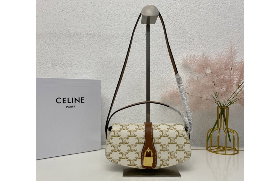 Celine 10I592 CLUTCH ON STRAP TABOU bag IN White TRIOMPHE CANVAS AND Tan CALFSKIN