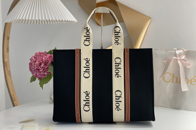 Chloe Large Woody tote bag in cotton canvas & shiny calfskin with Woody ribbon