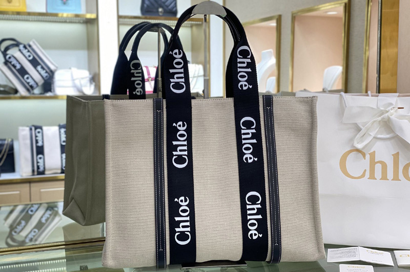 Chloe Large Woody tote bag in cotton canvas & shiny calfskin with Woody ribbon