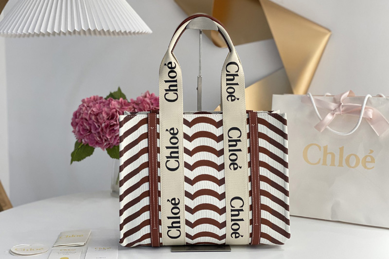 Chloe Medium Woody tote bag in cotton canvas & shiny calfskin with Woody ribbon