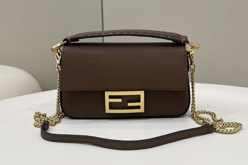 Fendi 8BS017 mini Baguette Bag in Brown full grain leather