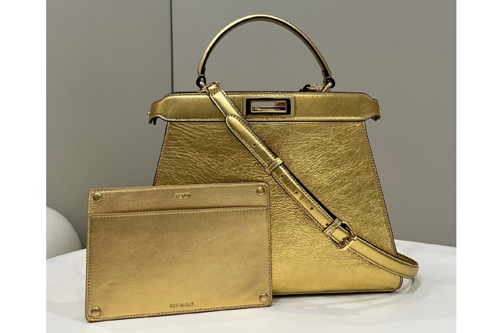 Fendi 8BN321 Peekaboo ISeeU Medium Bag in Gold leather
