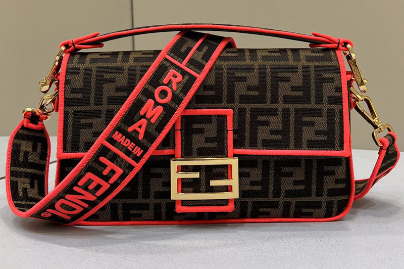 Fendi 8BH600 medium Baguette bag in Brown fabric With Red
